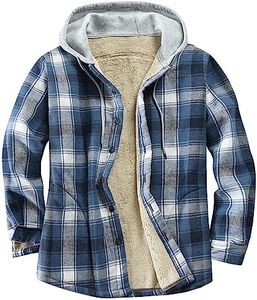 Derbars Men's Cotton Plaid Shirts Jacket Fleece Lined Flannel Shirts Sherpa Button Down Jackets with Hood for Men, Blue Block, Large