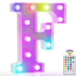 Colorful Light Up Letters, Glitter LED Letter Lights 18 Color Changing Shiny Alphabet Sign Gifts for Girls Women Party Birthday Decorations Remote Night Light Christmas Valentine Wall Table Decor - F