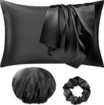 Seiwohl Silk Satin Pillowcase Soft as Silk Pillowcases for Hair and Skin Black Pillow Cases 2 Pack with Satin Scrunchies and Bonnet for sleeping, Cooling Pillow cases Envelope Closure, 50x75 cm