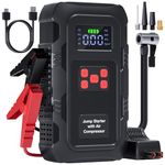 Povasee Jump Starter Power Pack with Air Compressor 150PSI, 6000A Car Jump Starter with Auto Shutoff Tyre Inflator, 12V Battery Booster (10L Gas/8L Diesel) Jump Pack with LED Light, Outport (Red)