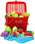 Amazon Brand - Jam & Honey | Play Food Basket for Kids| Realistic Sliceable Cutting | 7 Fruits, 7 Vegetables, Chopping Board, Knife