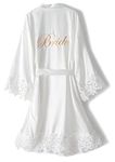 UrHot Women's Bride Bridesmaid Robe with Lace Trim Wedding Party Kimono Robes Soft Satin Bathrobe Getting Ready, White, One Size