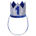 FEESHOW Baby Girls Boy First 1st Birthday Hat Prince Party Sparkle Crown Elastic Headband Cake Smash Photo Prop, Silver Blue Number 1, One Size