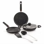 Amazon Brand - Solimo Aluminium 6 Piece Non-Stick Cookware Set with Detachable Handle| Granite Finish | Induction Base | Pfoa Free | HTR Exterior Coating | Black