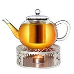 Creano Glass Teapot 1600ml with Warmer - Stovetop Safe Tea Kettle with Stainless Steel Infuser and Glass Lid, Ideal for Preparing Loose Teas - Drip Free