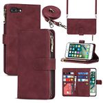 Jaorty Compatible with iPhone 7 Plus / 8 Plus Wallet Case,[9 Card Slots] Crossbody Necklace Lanyard Shoulder Strap Zipper Magnetic Leather Case for iPhone 7 Plus,5.5" Burgundy