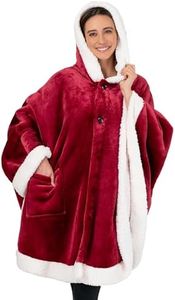 PAVILIA Sherpa Fleece Wearable Blanket for Adult Women, Cozy Plush Blanket Poncho Cape with Hood, Super Soft Shawl, Angel Wrap Throw for Office, Wine Red
