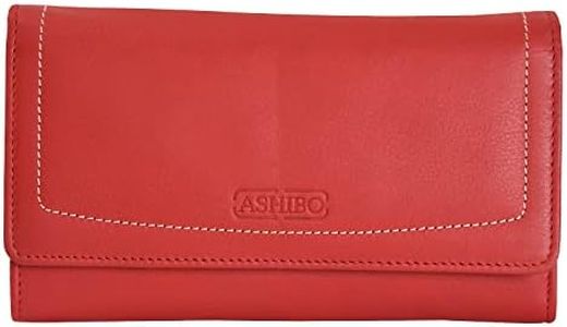 ASHIBO Fashion Wallets for Womens Genuine Leather With Multi Pockets Card Slots, Zip Around Purses/Multi-Functional Wallets., Red, Continental Wallet