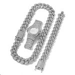 Moca Jewelry Hip Hop Iced Out Bling Necklace Bracelet Watch Set Fully Diamond Crystal Paved Jewelry Set,Cuban Link Chain 20mm Width, 3 Pcs Set Gift for Men Women, Metal, Crystal