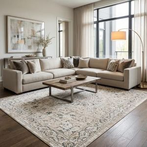 BoutiqueRugs Beige Medallion 12x16 Large Area Rug Traditional Taupe Medium Gray Deep Teal Olive Dusty Sage Oriental Damask Laughlin Great Room Open Concept Master Bedroom Large Dining Room