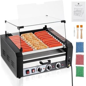 GarveeTech Hot Dog Roller,11 Rollers 30 Hot Dogs Capacity 1950W Stainless Sausage Grill Cooker Machine Dual Temp Control and Glass Hood Cover,Removable Oil Drip Tray,Perfect for Commercial and Party