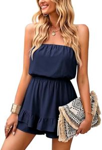 ECOWISH Women Off Shoulder Romper Strapless Floral Print Striped Beach Shorts Jumpsuit 497Navy Blue Medium