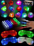 JOYIN 60 Pieces LED Light Up Toy New Year Party Favor Supplies with 44 LED Finger Lights, 12 LED Flashing Bumpy Rings and 4 Flashing Slotted Shades Glasses, LED Light Up party accessories for kids