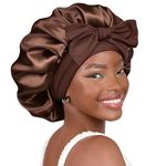 YANIBEST Satin Bonnet Silk Bonnet for Sleeping Hair Bonnet with Tie Band Head Wrap Bonnets for Black Women Curly Natural Hair, Brown, Large