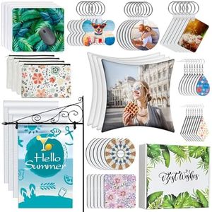 114Pcs Sublimation Blanks Products, Sublimation Blanks Set Including DIY Blank Makeup Bag, Keychain, Earring, Pillow Cover, Mouse Pad, Coaster, Garden Flag for Sublimation Transfer Heat Press Printing