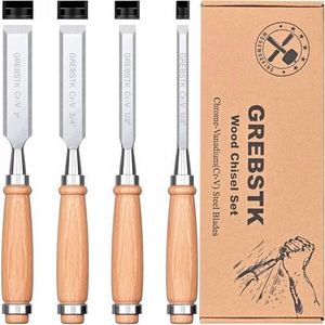 GREBSTK Professional Wood Chisel Tool Sets Sturdy Beech Wood Handles and Chrome Vanadium Stainless Steel Woodworking Tools with Zippered Bag for Carving Knifes/Chisel Kit, 4PCS, 1/4",1/2",3/4",1"