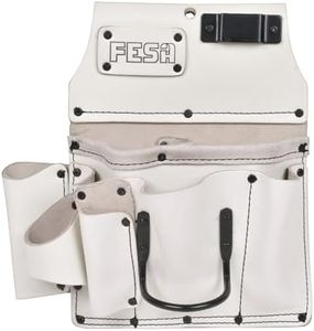 FESA Leather Drywaller's Tool Pouch - 10-in-1 Heavy Top Grain Leather Drywall Pouch with Steel Hammer Loop & Tape Measure Clip - Leather Tool Pouch Fits Belts up to 3" - Handcrafted (White)