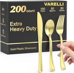 VARELLI 200 Count Heavy Duty Gold Plastic Silverware, 100 Forks, 50 Spoons, 50 Knives, BPA-Free, Heat Resistant, Disposable Gold Plastic Utensils Set, Plastic Cutlery Set, Plasticware Bulk for Party