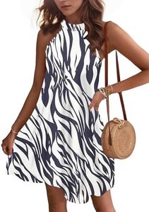 WNEEDU Vestido Verano Mujer Sin Mangas Vestidos Corto Cuello Hálter Casual Vestido Playa con Bolsillos Hoja Azul Marino Blanco L