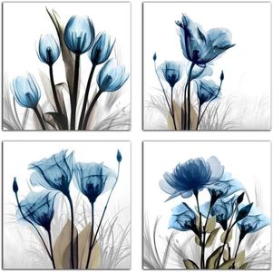 4 Pcs Flower Canvas Prints Wall Art Decor, 12 x 12 Inch 4 Panels Blue Elegant Tulip Artwork Simple Life Picture for Living Room Bedroom Home Salon SPA Wall Decoration