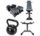 BRAINGAIN Advanced Gym Bundle - 32kg Adjustable Dumbbell 4KG INCREMENTS Pair, 18kg Adjustable Kettlebell, Stand and Adjustable Bench - Home Fitness Gym Equipment