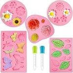 5 Pcs Mini Flower Butterfly Molds Leaf Molds, Fondant Silicone Set,Silicone Moulds,Butterfly Moulds,Rose Daisy Rose DIY for Chocolate Candy Dessert Cake Decorating with 2 Droppers