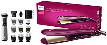 PHILIPS Multi Grooming Kit Mg7715/65,13-In-1 (New Model),Face,Head And Body&Bhs738/00 Kerashine Titanium Wide Plate Straightener With Silkprotect Technology,Teal, Men