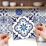 WALPLUS 24pcs 6" Peel and Stick Vinyl Backsplash Tiles Stickers Tile Paint Removable Waterproof Self-Adhesive Decals Vinyl Home Kitchen Bathroom Spring Easter Decoration (Spanish & Moroccan Blue)