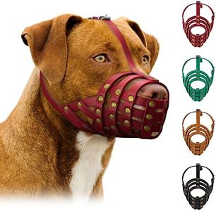 Murmo Pitbull Dog Muzzle Leather Amstaff Staffordshire Terrier Breathable Basket with Adjustable Straps Black Brown Green Red (Red) LM-1