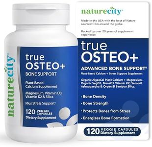 NatureCity True-Osteo Plus Bone Support with Ashwagandha – for Strength & Density – Plant-Based Calcium with Organic AlgaeCal, Magnesium, Vitamin D3, K2, Silicon & Stress Support | 120 Veggie Capsules