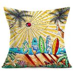 Hopyeer Summer Beach Decor Throw Pillow Cover Cotton Linen Tropical Hawaii Coconut Tree Surfboard Flower Color Painting Pillowcase for Holiday Sofa Car Decoration Cushion Cover 18"x18" (HC-Seaside)