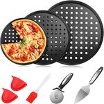 8 Pieces Pizza Pan Set Includes 3 Pcs 3 Sizes Non Stick Pizza Pan Round Pizza Tray with Holes Pizza Wheel Cutter Slicer Pizza Spatula Shovel Brush and 2 Pcs Silicone Heat Resistant Cooking Pinch Mitts