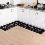 Carvapet 2 Piece Kitchen Rug Set Non-Slip Backing Mat Throw Rug for Kitchen Doormat Runner Rug Set, Motto Design, Blackish/Dark Grey (17"x48"+17"x48")