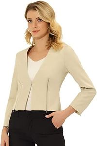 Allegra K Women's Work Office Open Front Zipper Collarless Cropped Blazer Beige a XL