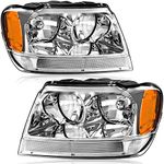 oEdRo Headlight Assembly Compatible with 1999 2000 2001 2002 2003 2004 Grand Cherokee 4 Door Headlamp with Amber Reflector Chrome Housing Clear Lens