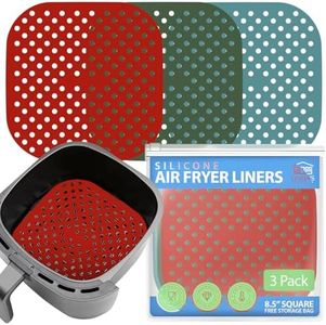 Reusable Silicone Air Fryer Liners 8.5 Inch by Linda’s Essentials (3 Pack, Square) - Non Stick Easy Clean Air Fryer Liners Reusable Mats Air Fryer Accessories Includes Cheat Sheet And Recipe Book