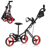 GYMAX 3 Wheel Golf Push Cart, Folding Golf Pull Trolley with Drink Holder Seat Scoreboard Bag, Lightweight Push Pull Golf Cart (Red)