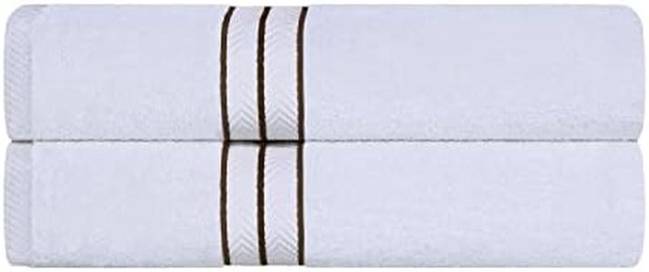 Superior Hotel Collection 900 Gram, 100% Premium Long-Staple Combed Cotton 2 Piece Bath Towel Set, White with Latte Border