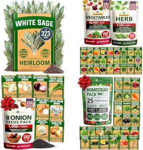 HOME GROWN Premium White Sage 323 & 70 Variety Vegetable & Herb 30,600+ Survival Garden & 8 Onion Variety Mix 1,600+ & 25 Survival Seed Vault 12,000+ Seeds Kit