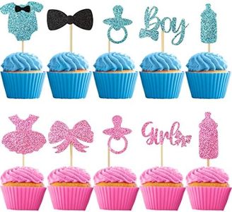 30 Pcs Décoration Gateau Baby Shower, Boy Girl Révélateurs Genre Figurines Cake Cupcake Topper, Décoration Gâteaux à Paillettes pour Fête Prénatale Baptême Anniversaire Fête Filles Garçon (Bleu Rose)