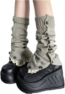 CHERSE Calcetines de pierna para mujer con botón de punto retro Y2K, calentadores de piernas vintage, calcetines calentadores de rodilla de pierna alta, traje de los años 80 para mujer, Gris, Estandar