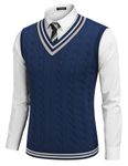 COOFANDY Men's Sweater Vest V Neck Casual Sleeveless Pullover Striped Cable Knit Sweater Vest, Navy Blue, Medium