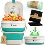 AIRNEX Collapsible Small Compost Bin with Lid - 1 Gallon Compost Bucket Food Waste Caddy Made of Wheat Straw - Odorless Counter Top Compost Bin for Kitchen with 20 Compost Bags and 2 Carbon Filters