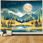 Maccyafst Mountain Tapestry Forest Trees Tapestry Starry Moon Stars Wall Tapestry Aesthetic Nature Landscape Wall Hanging Navy Blue Woodland Lake Tapestry for Bedroom