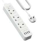 JSVER Extension Lead USB,Power Socket with 3 Outlet 4 USB Charging Station Power Strip 3250W 13A with 3M Power Lead for home and office-White