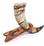 Norse Tradesman Genuine 50 cm Ox-Horn Viking Drinking Horn with Solid Wood Stand Engraved with Thor's Hammer | Burlap Gift Sack Included | The Mjolnir, Low Polish, 50 cm