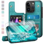 Designed for iPhone 14 Pro Case Wallet, Card Holder Case with [2 Screen Protectors][Magnetic Clasp Folio Cover][RFID Blocking Leather] Shockproof Women Men Cases 6.1" for Apple 14 Pro Blue Green