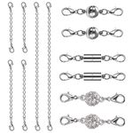 Magnetic Clasps and Chain Extender Set Rhinestone Ball Cylindrical and Ball Tone Style Lobster Clasps for Necklace Bracelet Jewelry Making 12 Pieces (Silver)