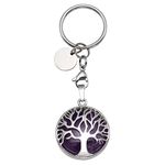 JOVIVI Silver Tree of Life Natural Amethyst Crystal Healing Reiki Chakra Gemstone Pendant Keyring Keychain Handmade DIY ID Tag Key Ring,31*27mm