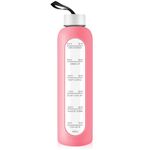 1 Liter Glass Water Bottle with Stainless Steel Lid - 1000ml Sports Drinking Bottle with Time Marker, Reusable Shatterproof Silicone Case Bottle for Fitness Gym Outdoor Travel Workout (Pink)